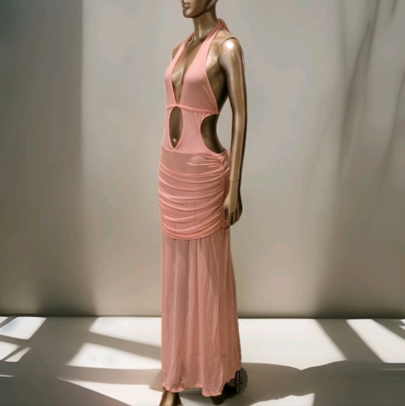 NWT Sexy Pink Halter Cut-Out Ruched Sheer Mesh Ibiza Maxi Dress Sz M - Picture 4 of 14